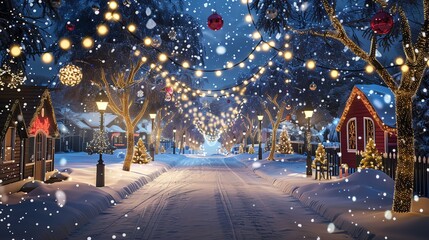 Fototapeta premium A snowy street lined with Christmas lights and decorated trees.