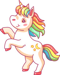 This cheerful unicorn sways gracefully on its hind legs showcasing a vibrant mane and tail. Its friendly expression captures the essence of magic and joy.