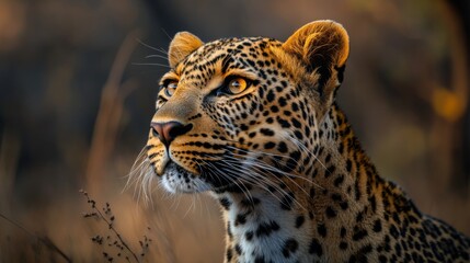 Fototapeta premium A Close-Up of a Leopard's Face in the Golden Hour