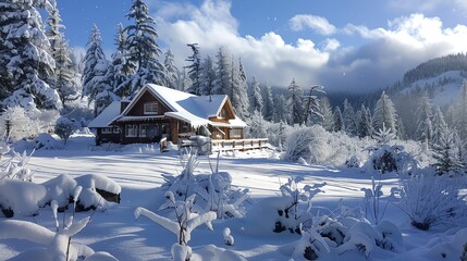 Fototapeta premium A snowy winter landscape with a cabin in a forest.
