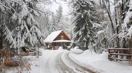 A small cabin in the woods, covered in snow.