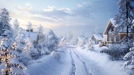 Fototapeta premium A snowy winter wonderland with a road winding through a village of cozy cabins and trees.