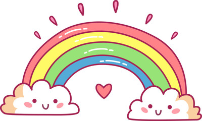 A vibrant cartoon style rainbow emerges from fluffy smiling clouds adorned with a heart creating a joyful and playful atmosphere suitable for kids art or decorations.
