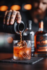 Bartender pours a dark cocktail over ice in a dimly lit bar setting during evening hours