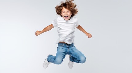 Happy child jumps against a vibrant background.