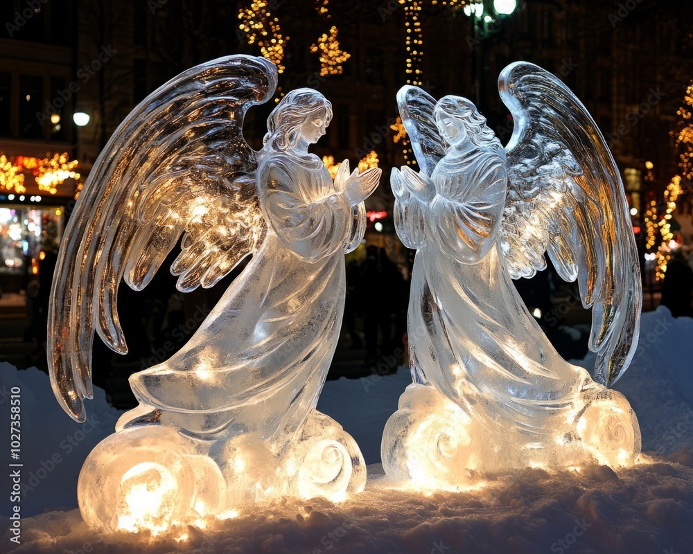 Wall mural Two ice sculptures of angels, illuminated with warm lights, stand in the snow during a winter festival.