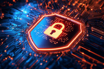 A digital shield with a padlock icon on a binary code background, representing the concept of digital security and data protection.