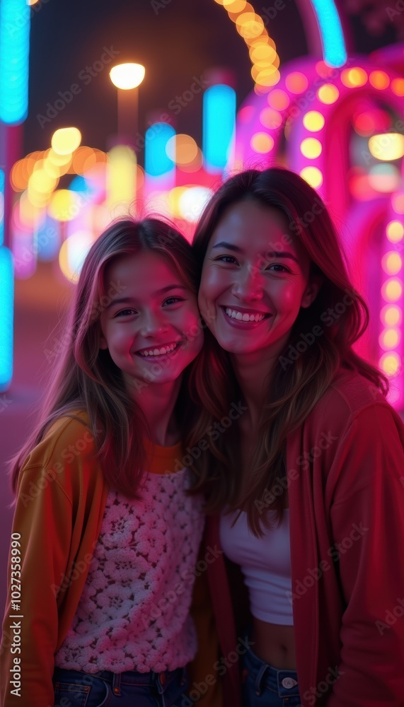 Wall mural two smiling young women embrace under vibrant neon lights, capturing a joyful moment at a lively nig