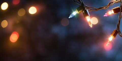 Obraz premium String lights of various colors illuminate a dark, blurred background, creating a festive, warm atmosphere and enhancing the mood with cheerful brightness.