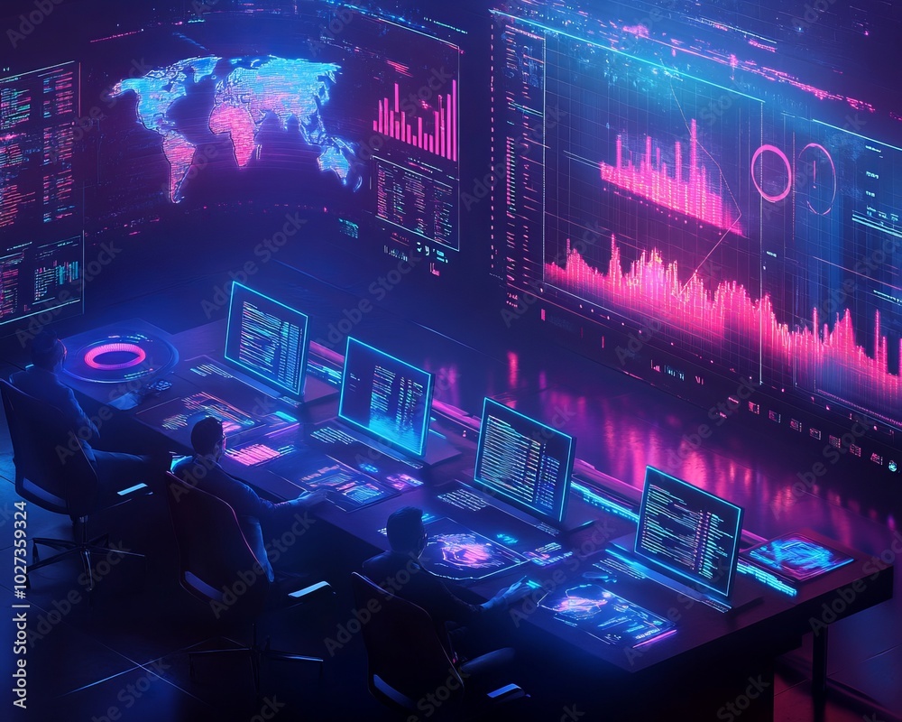 Canvas Prints Two people working in a futuristic control room with multiple screens displaying data.