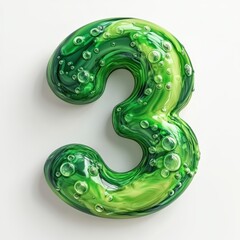 3D number 3 with green toxic liquid texture realistic modern design, soft lighting, white background.