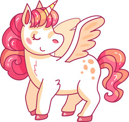 The charming unicorn stands proudly with its wings outstretched showcasing its playful spirit and colorful mane against a joyful backdrop.