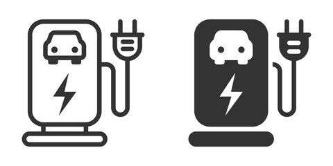 Vector illustration of electric car charging stations in black and white, featuring a plug and energy symbol for eco-friendly transport.