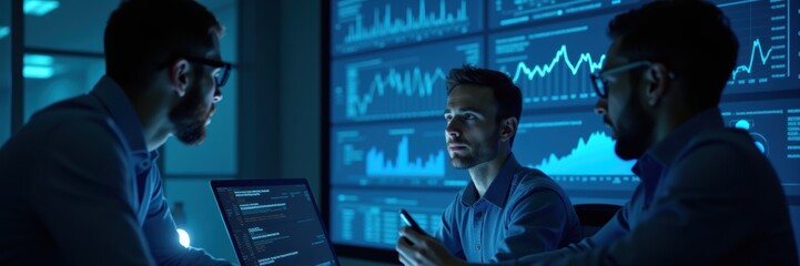 Three professionals discuss data insights in a dark, tech-filled office, showcasing collaboration and analytics in a modern business environment.