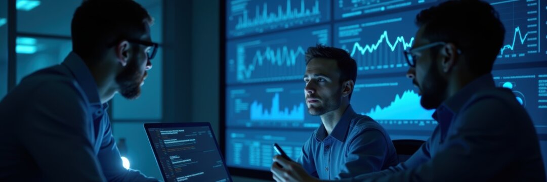 Three professionals discuss data insights in a dark, tech-filled office, showcasing collaboration and analytics in a modern business environment.