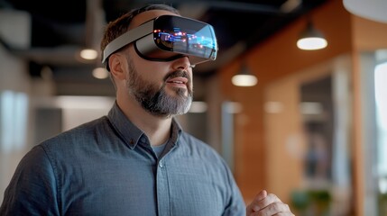 Bearded man wearing virtual reality headset exploring immersive technology in a contemporary office space