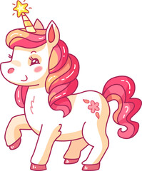 A charming cartoon unicorn with a vibrant pink mane and a sparkling horn stands cheerfully. The design features pastel colors and playful patterns that appeal to children.