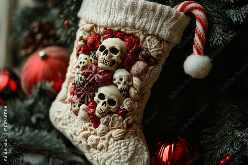 Poster White Christmas stocking with skull ornaments and candy cane.