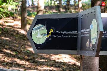 Signpost to the three crosses monument, at the park next to Vilnia, Vilnius, Lithuania