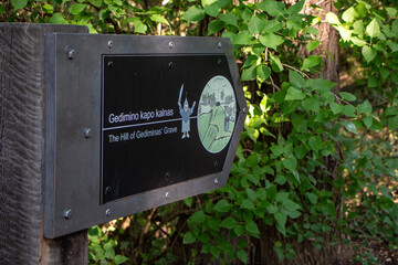 Signpost to the hill of Gediminas' grave at the park next to Vilnia, Vilnius, Lithuania