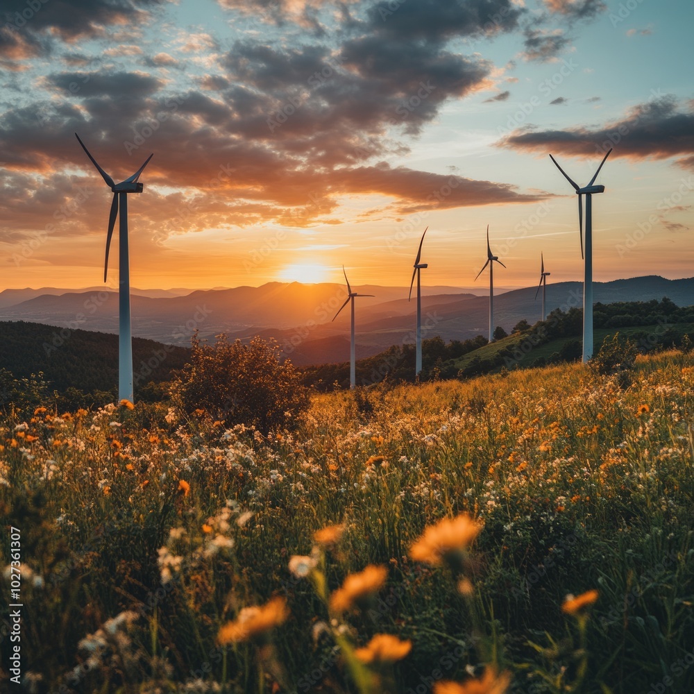 Poster Wind turbines stand tall in a field of wildflowers as the sun sets over a mountain range.