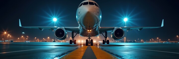 Fototapeta premium A captivating shot of a passenger airplane illuminated at night, showcasing the power and technology of modern aviation amidst a busy airport environment.