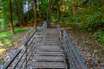 Stairs in the park up to Three Crosses and Table Mountain in Vilnius, Lithuania