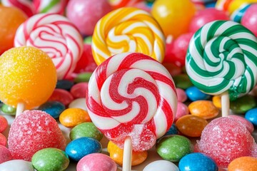 hyper realistic photo of  Colorful lollipops and different colored round candy.  , copy space, copy space for text,