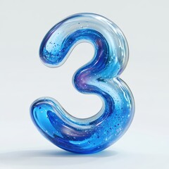 Fototapeta premium 3D number 3 with blue liquid with glitters in glass texture realistic modern design, soft lighting, white background 