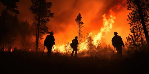 Fototapeta premium Silhouetted firefighters bravely fight a raging forest wildfire under a fiery sky, illustrating courage, danger, and the heroic struggle against natural disasters.
