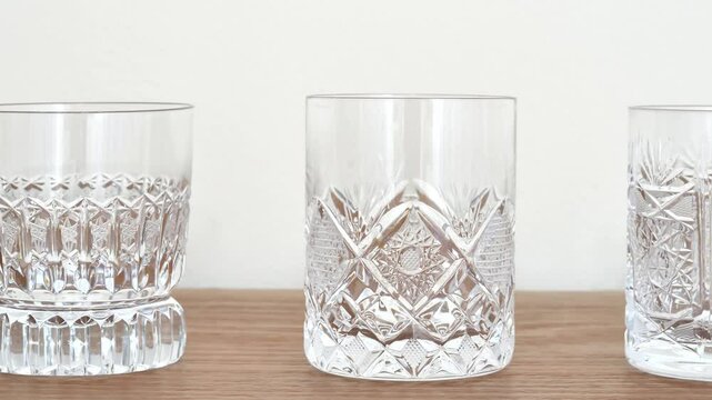 Different types of elegant empty crystal glasses on the brown wooden table. Close-up. Panning shot.