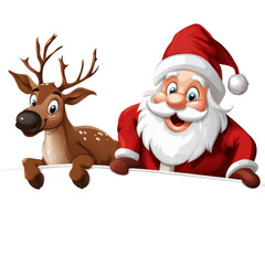 Christmas Santa Claus with cute reindeer peeking out from behind blank banner, isolated png illustration on transparent background. Mockup for design with banner. PNG