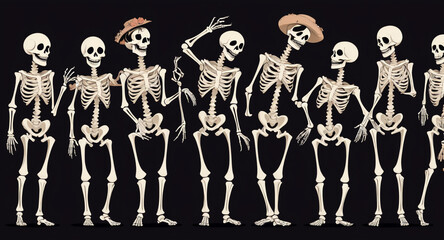 A lively collection of skeletons in various dance poses, ideal for Halloween or Day of the Dead designs. These realistic, detailed bone characters strike creepy yet playful silhouettes, combining spoo