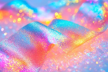 hyper realistic photo of  Abstract radiant festive merry holiday backdrop texture image of holographic iridescent metallic foil ribbon decoration with warm bright glow and sparklin