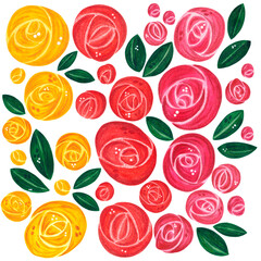 Watercolor set of yellow, red and pink roses and leaves on a white background. The illustration is drawn by hand. Drawing for postcards, posters. Flowers, roses, stylization, set, yellow, green, red, 