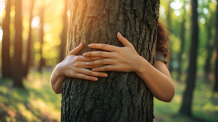 Banner of Woman hugging a big tree in a park. Womens hands hugging a big tree in a forest. Meditation. Tree hugging. Close-up of hands hugging tree. Human and nature contact