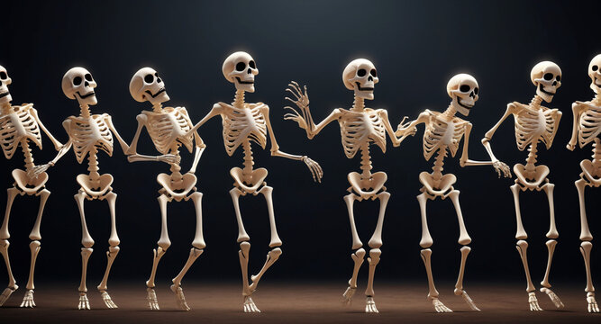 A lively collection of skeletons in various dance poses, ideal for Halloween or Day of the Dead designs. These realistic, detailed bone characters strike creepy yet playful silhouettes, combining spoo