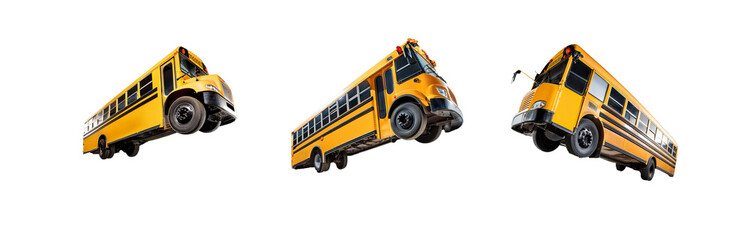 Naklejka premium Three yellow school buses are shown in a row with each one facing a different direction.