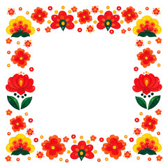 Square frame of flowers in folk style. Hand drawn watercolor illustration. Drawing for cards, invitations. Plants, folk, flowers, style, Scandinavian, invitation, postcard, traditional, frame, square