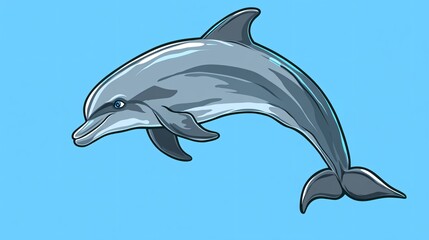 Obraz premium A cartoon grey dolphin leaping out of the water against a blue background.