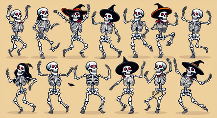 A lively collection of skeletons in various dance poses, ideal for Halloween or Day of the Dead designs. These realistic, detailed bone characters strike creepy yet playful silhouettes, combining spoo
