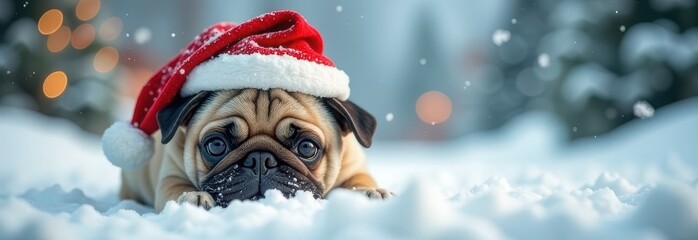 adorable pug wearing Santa hat lying in snow, festive scene with soft wintery background and warm Christmas lights, banner with copy space. Christmas advertisements, New Year, greeting card concept.