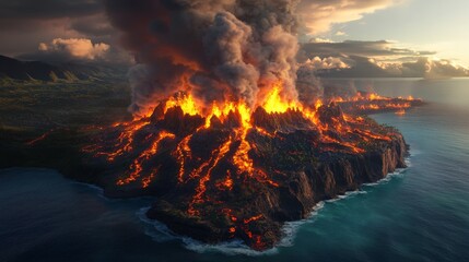 Fototapeta premium Erupting Volcanic Island in the Dramatic Sunset