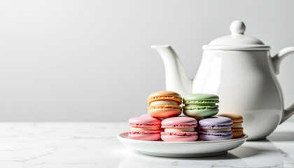 Pastel macaron pplaced on white ceramic with white kettle