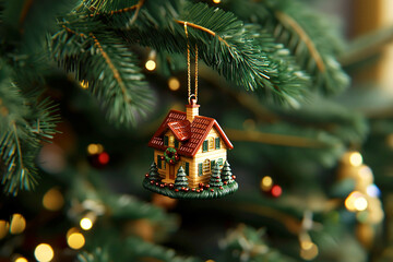 Christmas tree toy in the form of a house hanging on a Christmas tree
