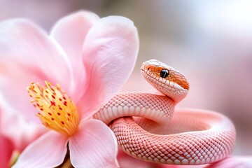 Obraz premium A beautiful snake intertwined with a delicate pink flower, showcasing nature's harmony and vibrant colors in a serene setting.