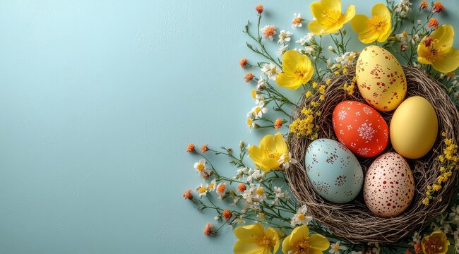 hyper realistic photo of  Happy Easter concept with easter eggs in nest and spring flowers. Easter background with copy space. Flat lay  , copy space, copy space for text,