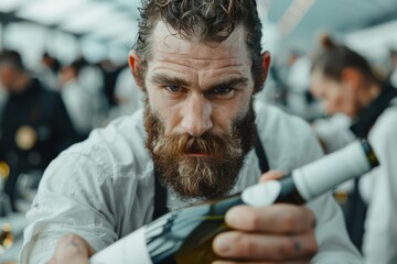 Chef examines a fine bottle of wine during a culinary event in a modern restaurant setting