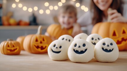 Smiling ghost buns and carved pumpkins create a festive Halloween atmosphere, AI