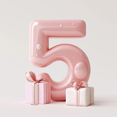 3D number 5 with gift texture realistic modern design, soft lighting, white background.
